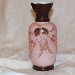 ANTIQUE BRISTOL BLOWN GLASS VASE PINK / WHITE FLOWERS HAND PAINTED  Butterfly